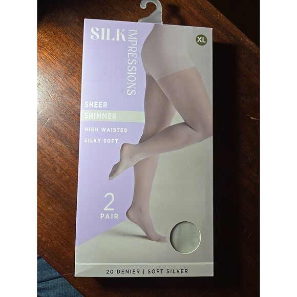 Silk Impressions Silky Sheer Pantyhose 2 Pair 20 Denier Soft Silver XL - Picture 1 of 2